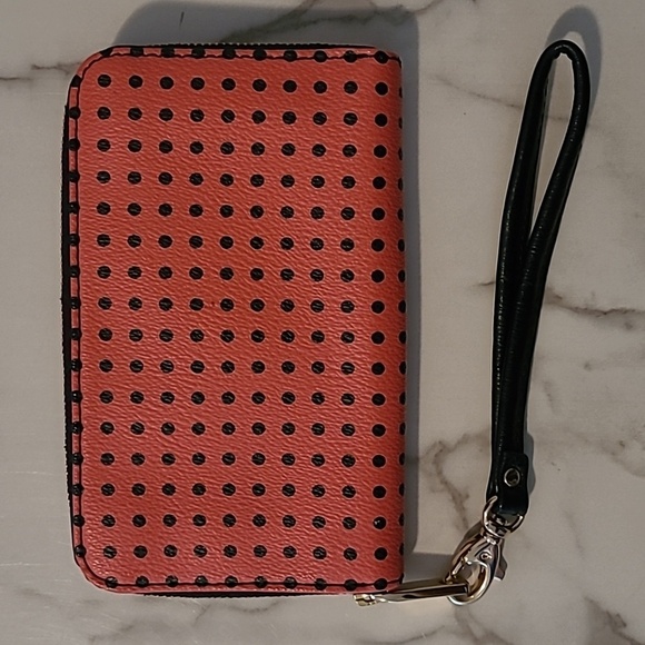 Fossil Leather Coral Pink Black Polka Dots Wallet Wristlet Practical Errands - Picture 2 of 10